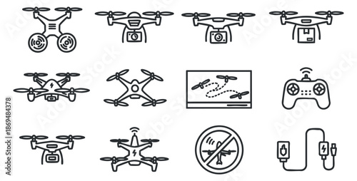 A set of drone icons featuring various designs, controllers, and safety symbols in a modern outline vector style, suitable for technology and gaming projects