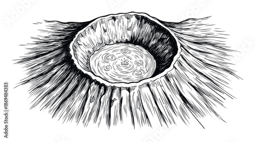 Stylized black and white drawing of a dynamic volcanic crater with a swirling pool inside, perfect for geology, fantasy, or adventure graphic projects