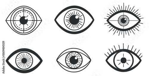 A collection of six eye icons in black and white minimalist vector style, suitable for graphic design and branding