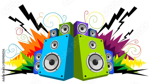 A stack of blue, green, and purple speakers erupts with visual sound, featuring jagged lightning bolts, playful swirls, and sharp geometric bursts that convey the high energy of loud, thumping music