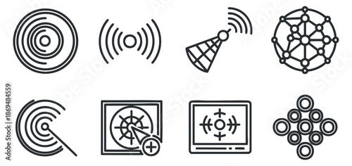 A set of communication and signal icons in minimalist black line vector style, ideal for technology and digital design projects