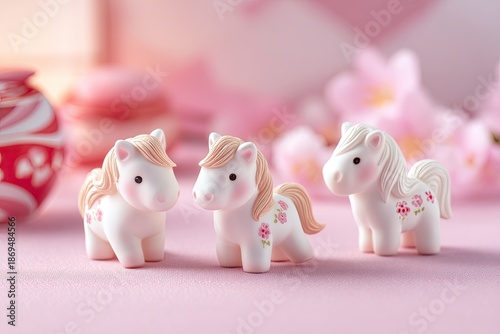 Three Adorable Miniature Horses with Pink Flowers and Cherry Blossoms