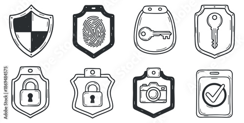 A collection of security and identity badges featuring icons like locks, keys, fingerprints, and checkmarks in outline vector style, suitable for technology and security branding