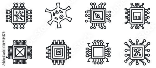 A collection of microchip and circuit icons in black and white outline vector style, suitable for technology and electronics projects