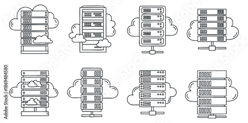 A collection of cloud server icons in minimalist outline vector style, suitable for technology and web development projects