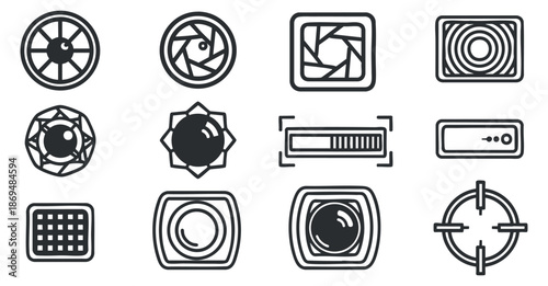 A set of camera-related icons featuring lenses, apertures, and focus symbols in a clean black and white outline vector style, perfect for photography or technology projects