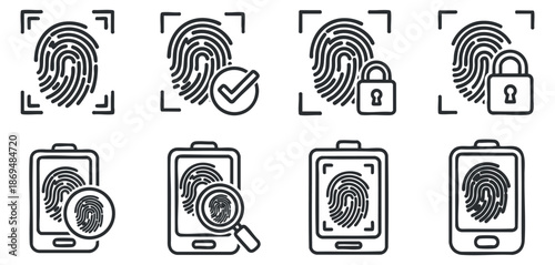 A collection of fingerprint icons representing security and authentication in outline vector style, ideal for technology and app design