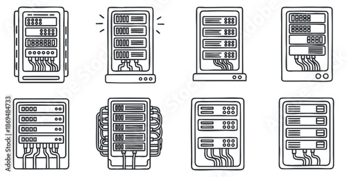 A collection of server illustrations in black and white line art vector style, suitable for technology and web design projects