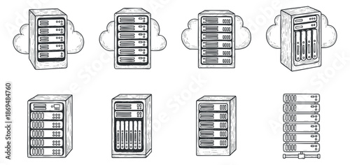 A collection of various server illustrations in outline vector style, perfect for technology and digital design projects