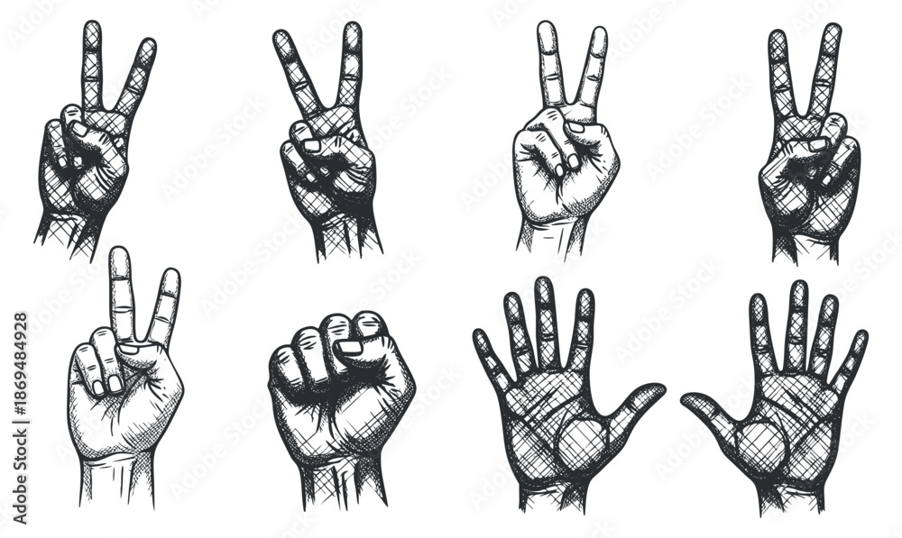 Fototapeta premium A collection of hand gestures symbolizing peace and victory in vintage sketch vector style, suitable for creative projects and design