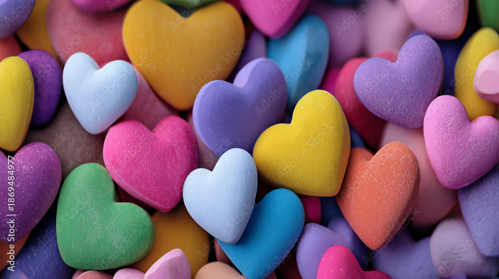 Fototapeta premium Colorful heart shaped candies in pastel and vibrant colors for Valentine's Day background