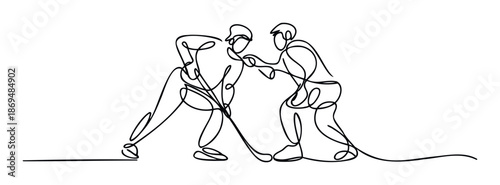 Dynamic continuous line drawing depicting two athletic ice hockey players in action with sticks and a puck, perfect for sports event promotion or branding