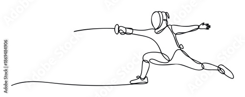 Dynamic continuous line drawing of a fencer in a lunge attack pose, perfect for sports event promotions, athletic club branding, or modern graphic design projects.