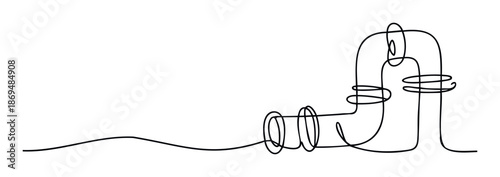 Minimalist continuous single line drawing illustrating an intricate abstract pipeline system with various bends and connections, ideal for engineering, industrial, or conceptual flow