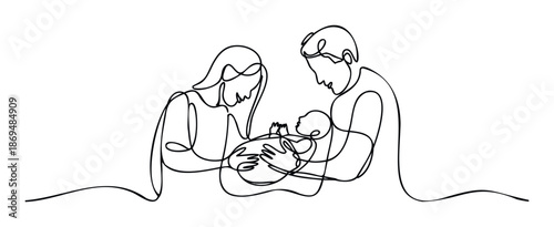Elegant continuous line art of a new mother and father lovingly holding their tiny baby, excellent for maternity clinic advertisements, nursery decor prints, and family milestone