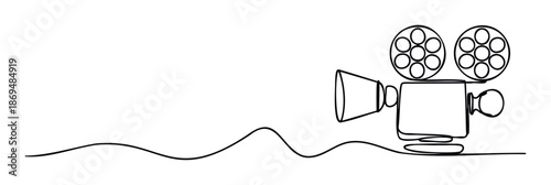 Minimalist one line drawing of a vintage film camera, perfect for moviethemed events, cinematic presentations, or film production company branding.