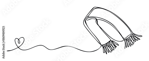 Minimalist continuous line drawing of a flowing scarf forming a heart shape, perfect for expressing warmth, affection, and cozy feelings in winter promotions or holiday greetings for web