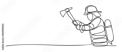 A continuous single line drawing depicts a courageous firefighter holding an axe, symbolizing bravery and vital emergency services for educational content and public safety campaigns.