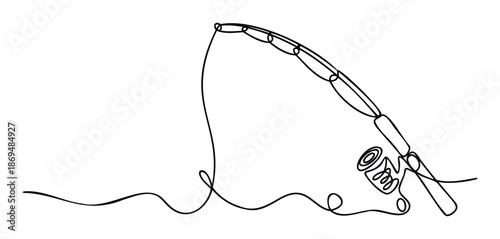 Minimalist one line drawing of a fishing pole casting its line into calm water, ideal for leisure activity blogs, fishing trip promotions, and outdoor recreation themes.