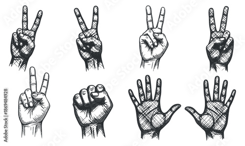 A collection of hand gestures symbolizing peace and victory in vintage sketch vector style, suitable for creative projects and design