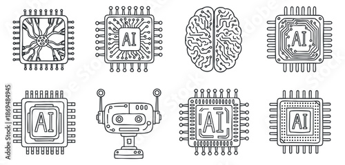 A collection of AI and robotics icons featuring circuits, a brain, and robot illustrations in clean geometric outline vector style, suitable for technology-themed projects