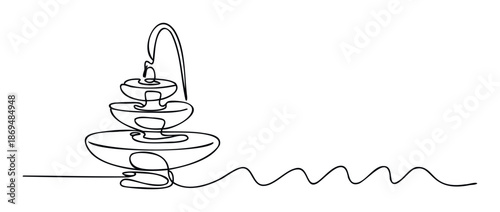 Minimalist continuous line drawing of a multitiered water fountain with flowing water ripples extending across a serene clean space for modern graphics and tranquil media projects.