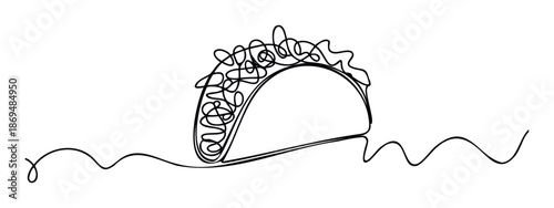 Abstract single line drawing of a traditional taco shell filled with ingredients, suitable for various culinary presentations, foodrelated advertising, or graphic design projects.