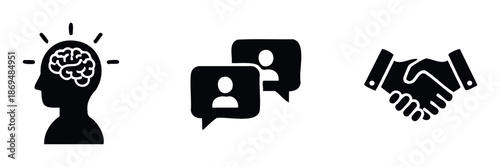 Professional icon collection showcasing brain innovation, interpersonal dialogue, and agreement handshake, perfect for modern business solutions and teamwork concepts