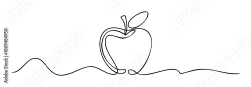 Minimalist continuous line drawing of a ripe fruit like an apple with a simple leaf and stem ideal for health, education, or naturerelated graphic materials and web applications.