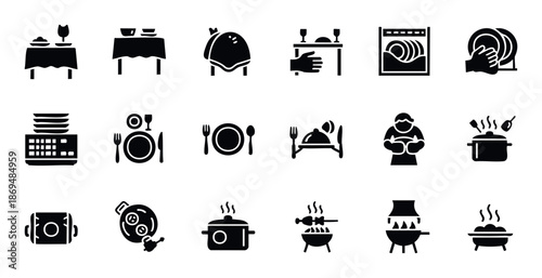 Collection of essential flat black icons representing various cooking, dining, and food service activities perfect for restaurant menus or catering business websites