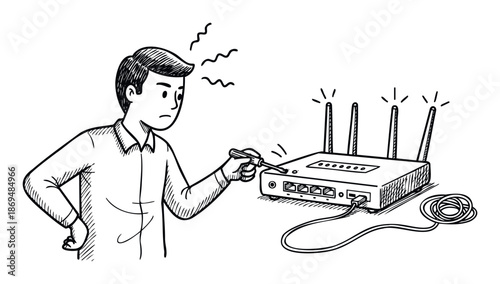 Confused man attempting to troubleshoot his unresponsive wireless internet router with a small screwdriver to restore network connectivity for technical assistance and IT support solutions