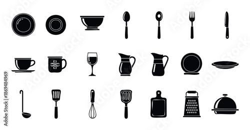 Essential kitchen utensils and dining dishware collection perfect for food blogs, restaurant menus, cooking applications, and home decor projects