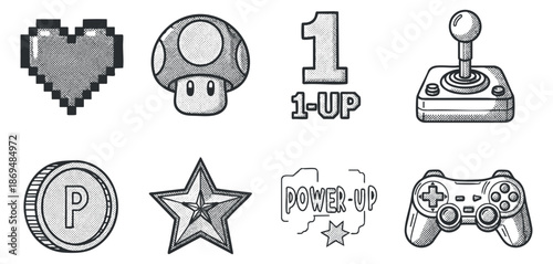 A collection of retro gaming icons including a heart, mushroom, 1-up, joystick, and game controller in black and white vector style, ideal for gaming-themed projects