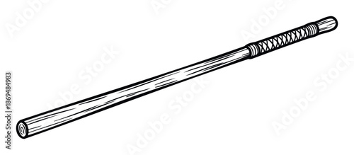 A simple black outline drawing of a traditional martial arts wooden staff with a wrapped handle, ideal for educational materials or sports equipment catalogs
