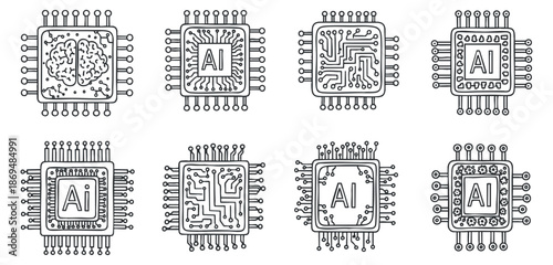 A collection of AI-themed microchip illustrations in outline vector style, suitable for technology and innovation projects