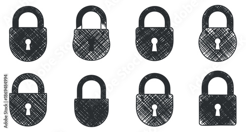 A collection of hand-drawn padlock icons in black and white vector style, suitable for security and technology designs