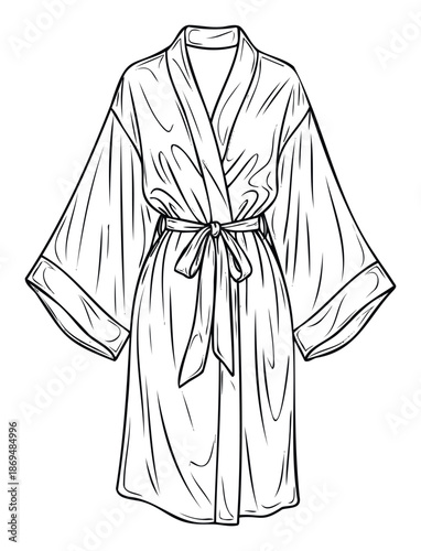 Elegant black and white sketch featuring a womens sophisticated short robe with wide sleeves and a tied waist, perfect for showcasing luxury loungewear collections or spa and relaxation