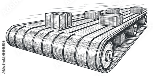 A conveyor belt with boxes in detailed sketch style, ideal for logistics and industrial applications