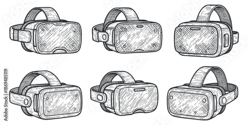 A set of six hand-drawn virtual reality headsets in sketch style, ideal for technology and gaming projects
