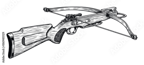 Classic wooden crossbow depicted in a detailed line drawing style, an ideal visual resource for adventure stories, historical reenactment themes, or weapon related educational content.