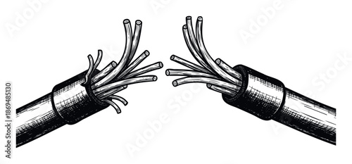 Engraving style broken electrical cable showing exposed wires, symbolizing connection failure or technical problem, useful for engineering, communication, or repair illustrations.
