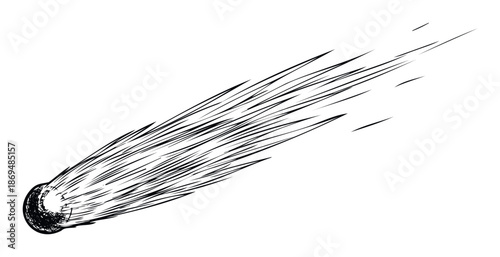 Energetic black sketch of a fast moving comet or meteor with speed lines trailing behind, perfect for dynamic animation or graphic overlay in science fiction media projects