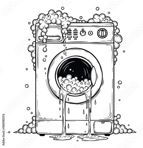 Line art depiction of a washing machine overflowing with soapy bubbles and water leakage, creating a messy household disaster suitable for household problem campaigns, appliance malfunction