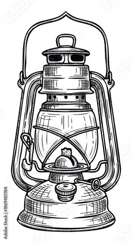 Traditional hand drawn kerosene lantern sketch for vintage outdoor adventure graphics, rustic decor, historical project materials, and camping equipment themes.