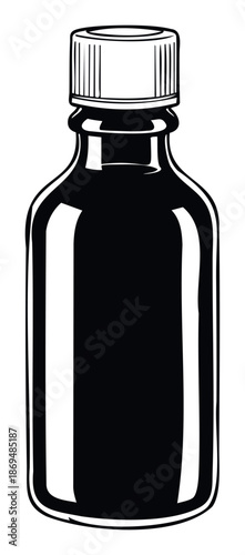 Bold graphic representation of a small empty bottle with a white screw cap conveying a sense of pharmaceuticals or chemical storage perfect for product branding packaging and informational