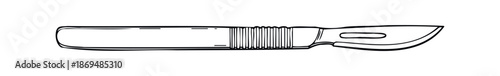 A clear black and white line drawing of a sharp medical surgical scalpel, perfect for educational materials, healthcare presentations, or scientific diagrams illustrating precision