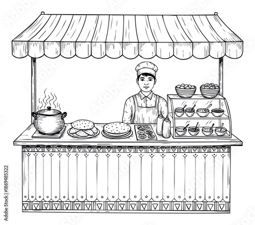 Hand drawn outline of an Asian male street food vendor at a bustling market stall with steaming pot, fresh flatbreads, and various condiments, great for cooking publications or food