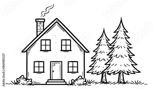Hand drawn line art illustration of a house and pine trees depicting smoke from the chimney for cozy home concepts