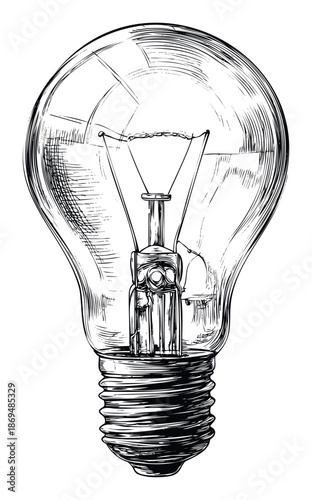 Hand drawn electric light bulb with a visible filament and screw base representing innovation and brightness ideal for scientific diagrams or educational resources