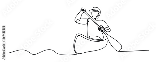 Minimalist continuous line drawing of a person navigating a canoe on water, capturing the essence of outdoor adventure and water sports for branding, marketing materials, or decorative
